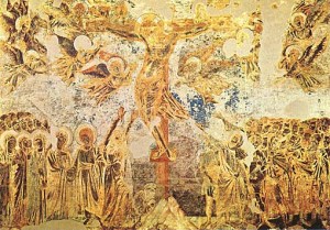 crocifissione di Cimabue  basilica superiore di Assisi, si noti con che pathos le donne si tendono verso il cristo crocifisso